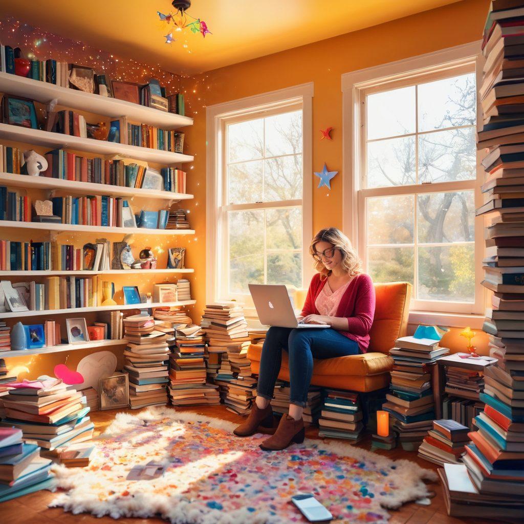 A whimsical scene depicting a writer sitting in a colorful, cozy nook surrounded by stacks of books, with a joyful expression as they type on a laptop. Magical sparkles and imaginative characters from fan fiction float around, symbolizing creativity. Soft sunlight streams through a window, illuminating a warm atmosphere filled with inspiration. Dreamy, playful elements like floating hearts and stars enhance the overall happy vibe. vibrant colors. painting.