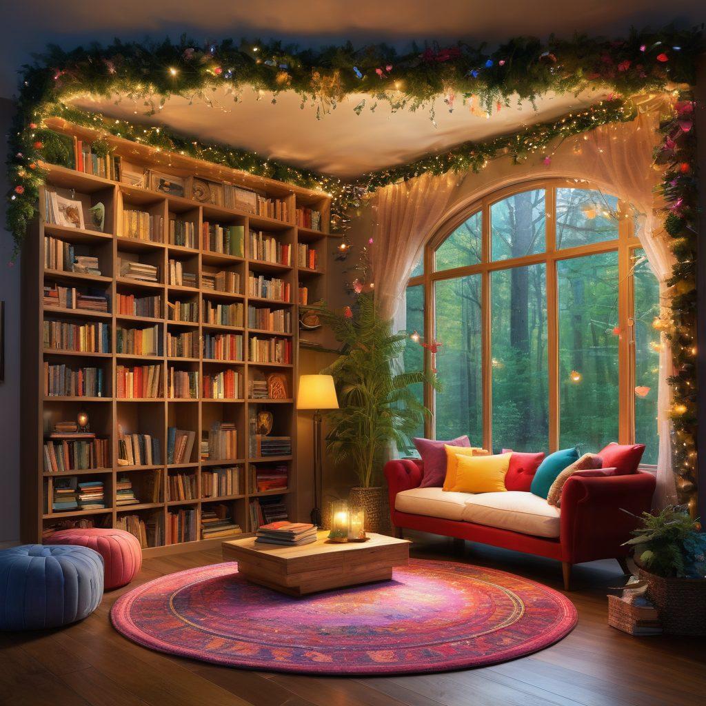 A warm and inviting scene featuring a cozy reading nook filled with colorful books, open pages fluttering in a gentle breeze. A whimsical, radiant light casts a glow on a joyous group of diverse readers, each immersed in their own captivating stories. The background showcases an enchanting forest with glowing fairy lights and dreamlike elements that evoke a sense of wonder. Enhance the vibrant colors to evoke happiness and creativity. 3D. enchanting. vibrant colors.