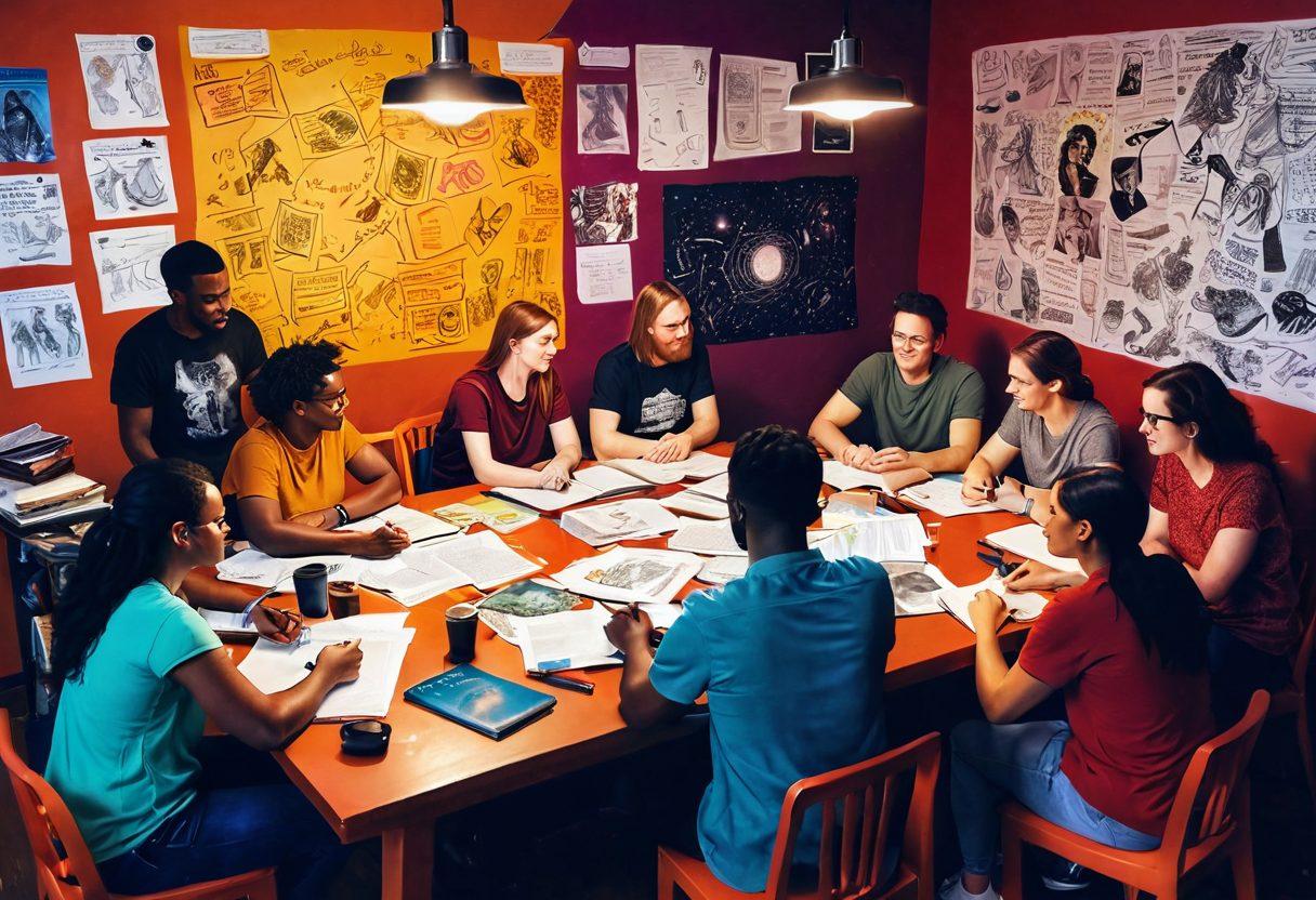 A diverse group of writers gathered around a large, colorful table, discussing and collaborating on story ideas, with vibrant sketches and notes scattered about. Each writer represents a different fandom, showcasing unique elements from their respective universes, such as fantasy, sci-fi, and romance. The background features a wall of inspirational quotes and book covers. Bright lighting creates an energetic atmosphere. vibrant colors. digital painting.